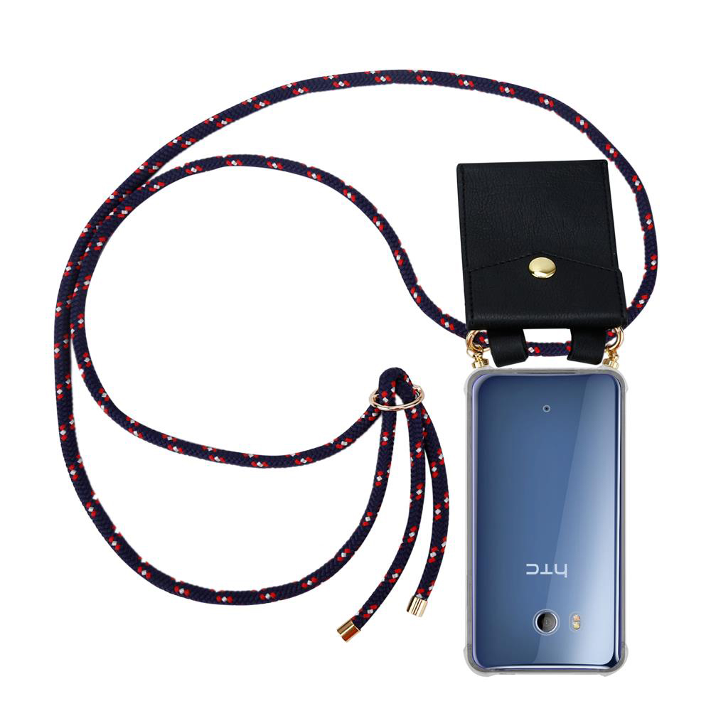 Schwarze Handytasche mit Lanyard und blau-rotem Band.
