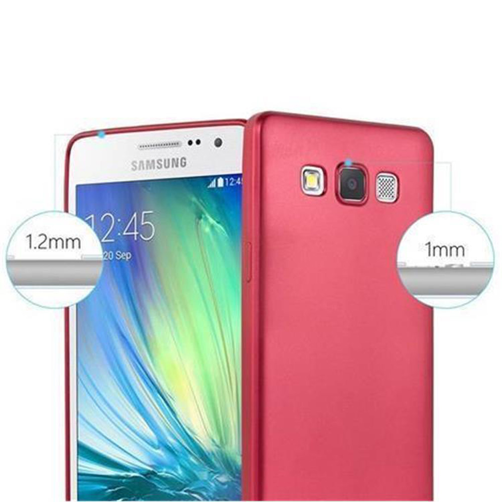 Un telefono Samsung rosso con cover, 1,2 mm e 1 mm.