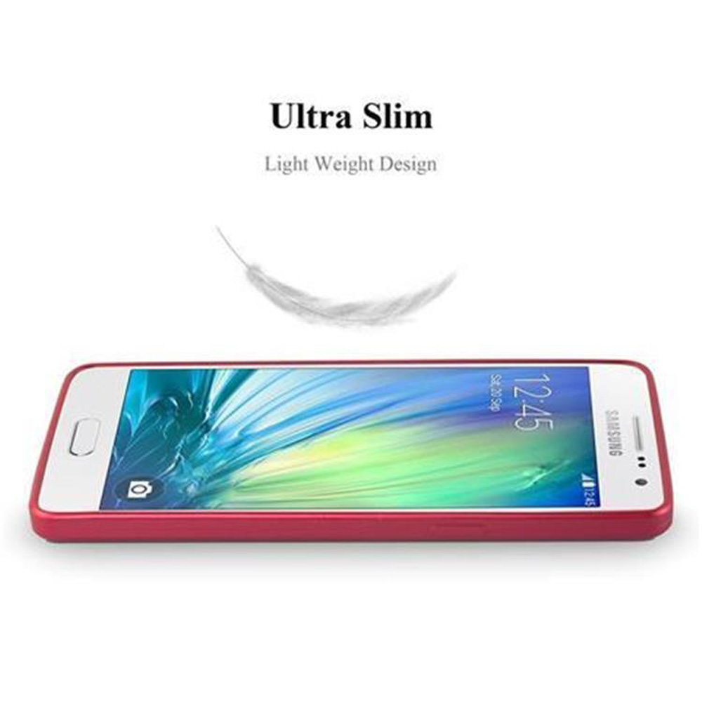 Uno smartphone rosso sottile con un'icona di piuma sopra.