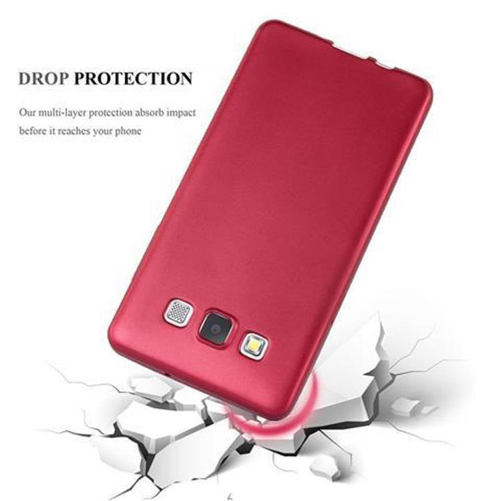Cover rossa per telefono su superficie bianca incrinata, illustra protezione.