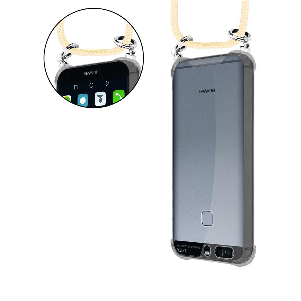 Ein Huawei Smartphone mit durchsichtigem Case und Lanyard, Nahaufnahme