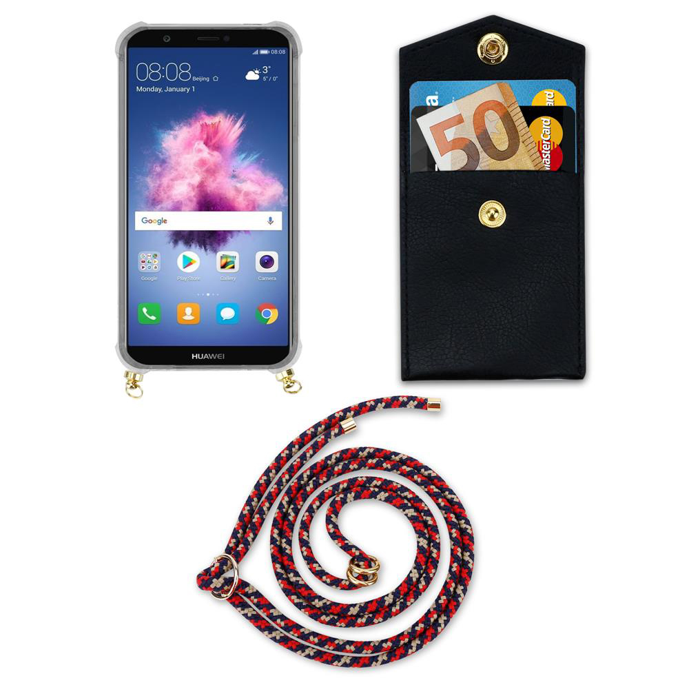 Uno smartphone Huawei, un porta-carte nero con soldi e carte e un cordino multicolore.