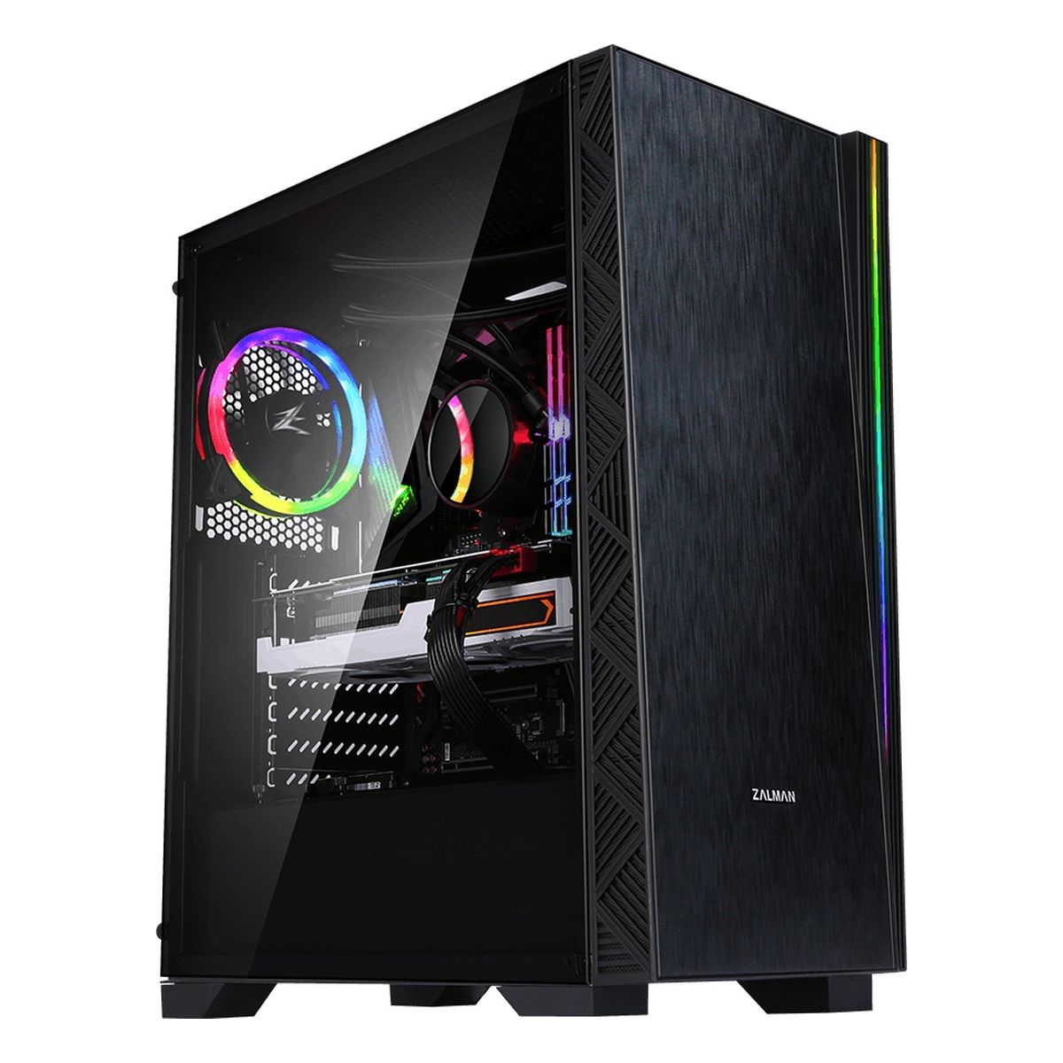 Zwarte pc-behuizing met glazen raam, RGB-ventilatoren en lampjes.