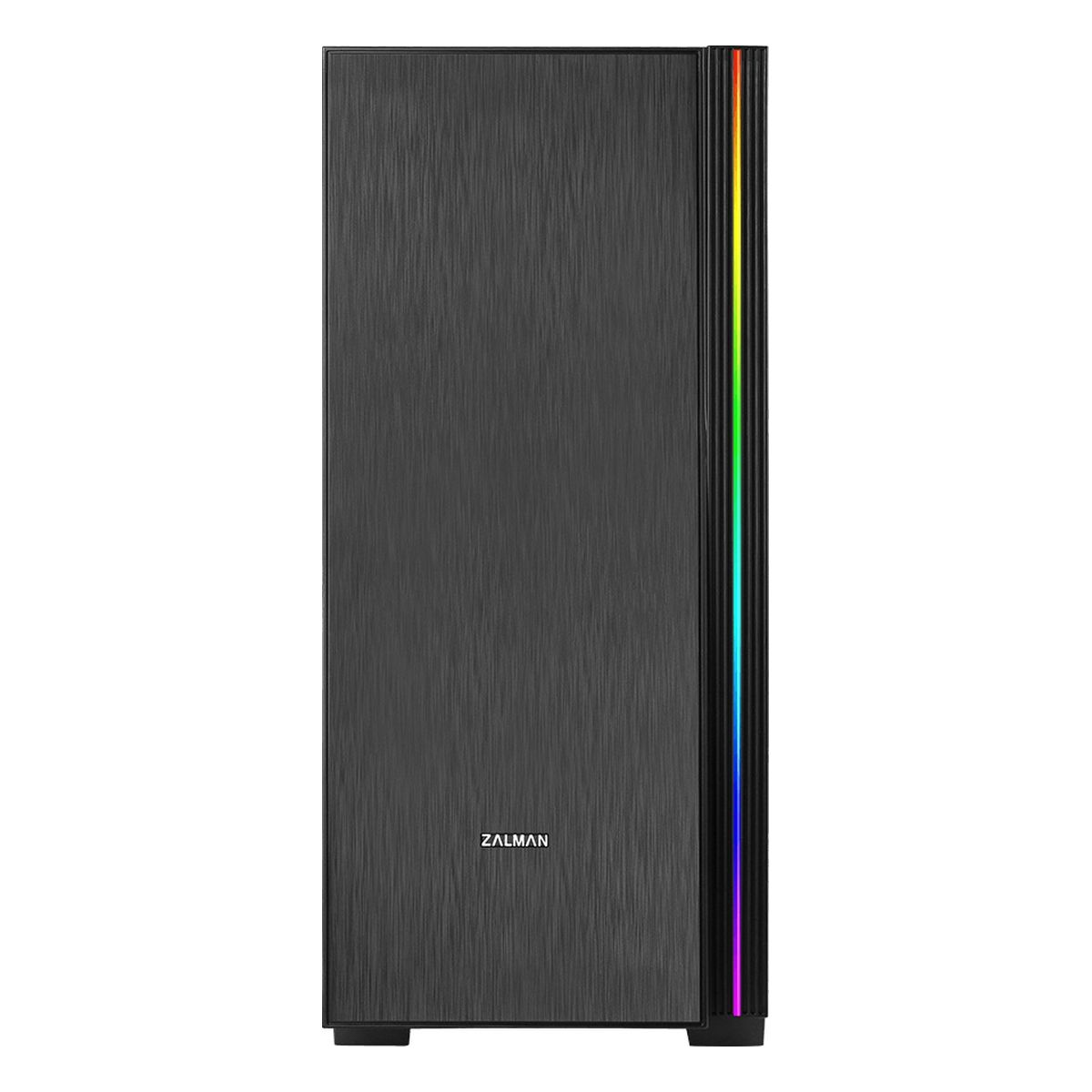 Zwarte computerkast met verticale RGB-strip aan de rechter voorkant.