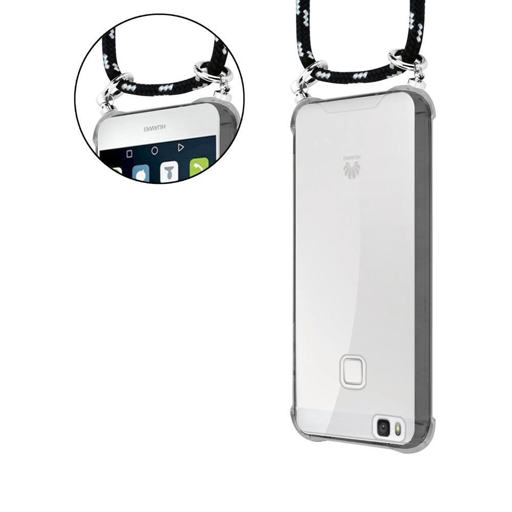 Uno smartphone in una custodia trasparente con laccetto, mostrato fronte e retro.
