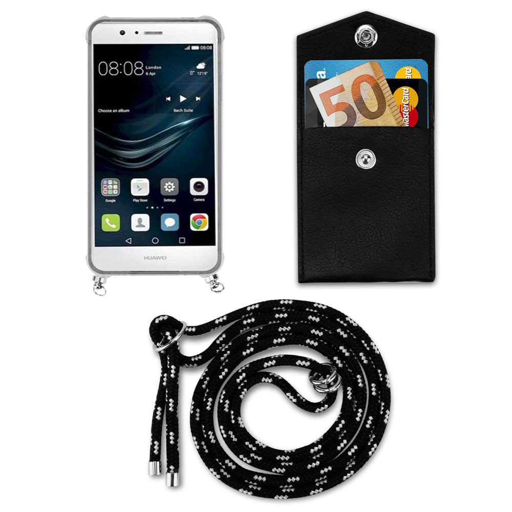 Smartphone, porta carte nero con soldi e carte, e un cordino nero.