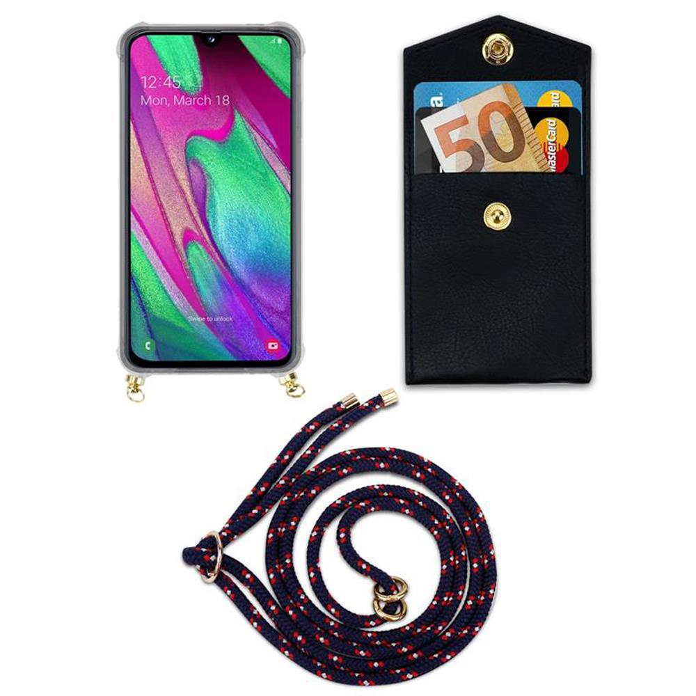 Smartphone con custodia, tasca nera con soldi e carte, e cordino.