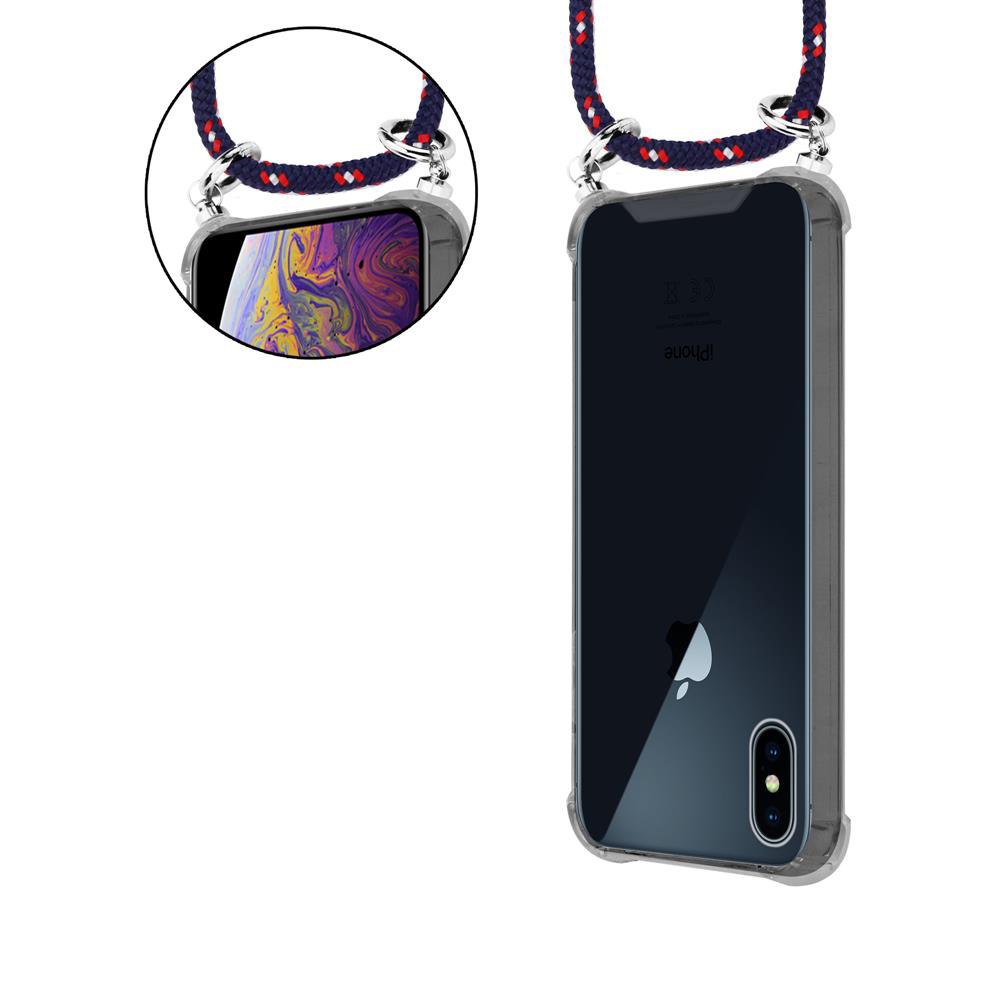 Ein transparentes Handyhülle mit Lanyard, das an einem iPhone befestigt ist.