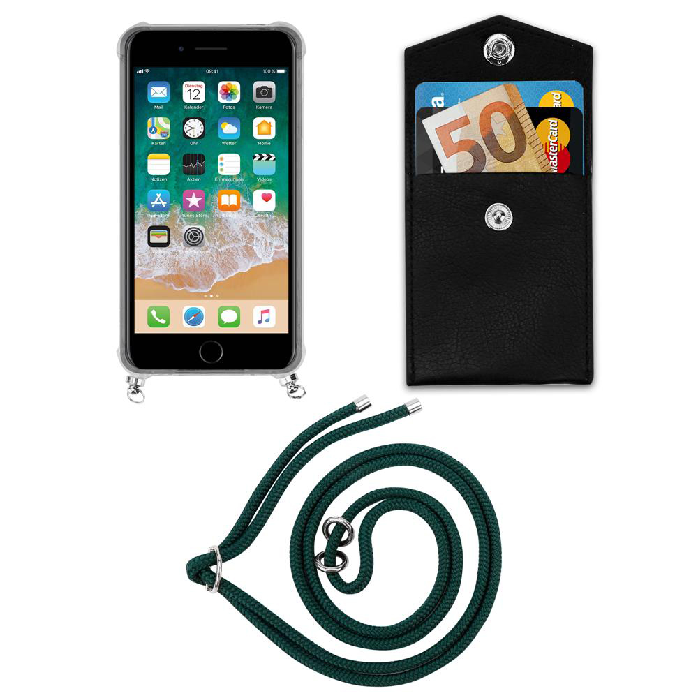 Smartphone in custodia con laccetto e astuccio nero con soldi e carte.