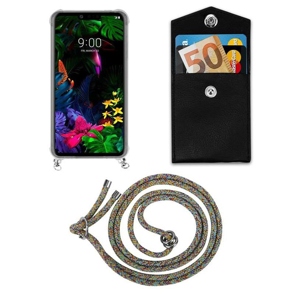 Ein Smartphone mit einer Hülle, eine schwarze Tasche mit Geldscheinen und Karten und eine bunte Kordel.