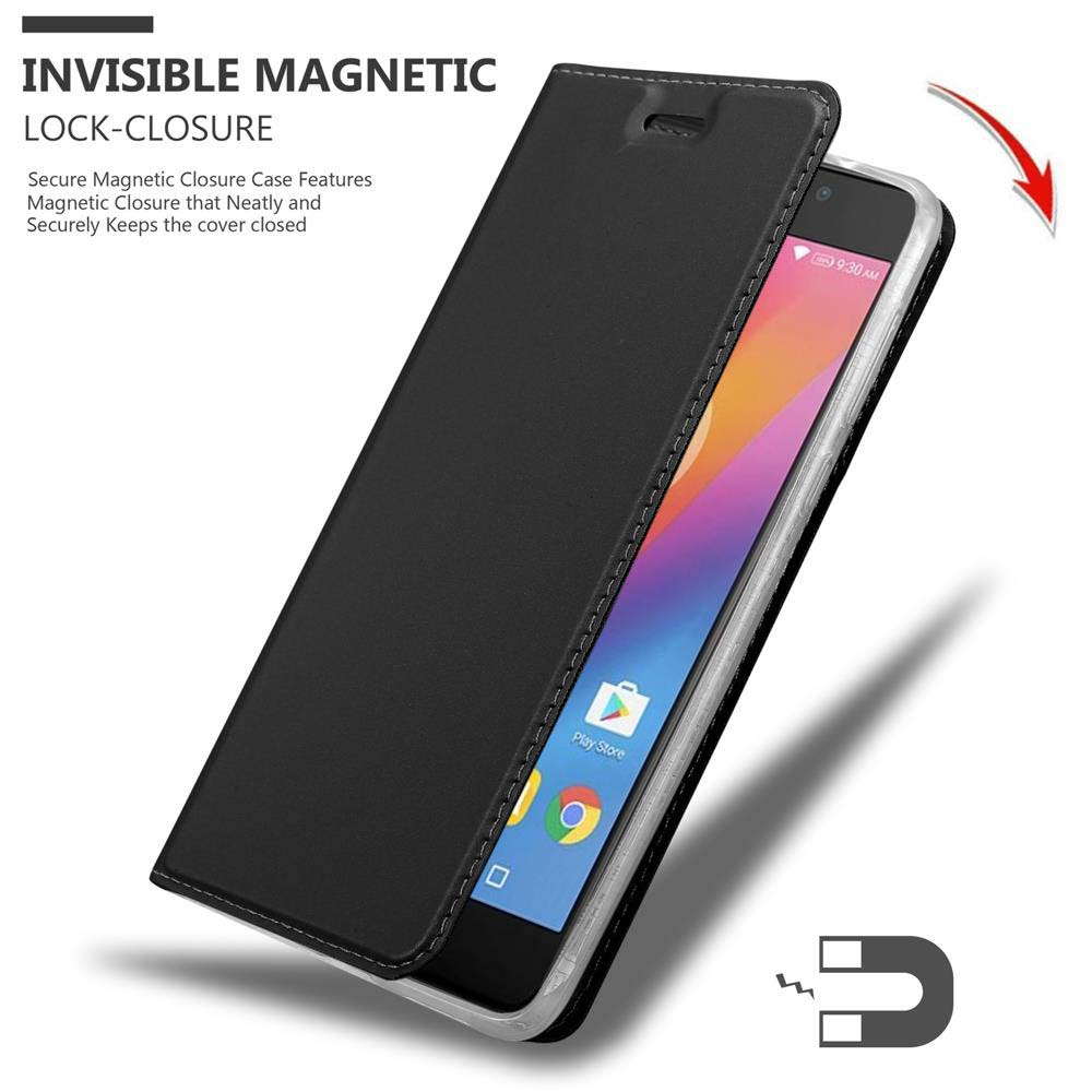 Custodia nera per telefono con chiusura magnetica, schermo aperto e icone.