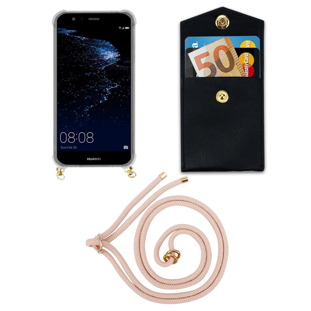 Smartphone in custodia, portafoglio con soldi e carte, e cordino.