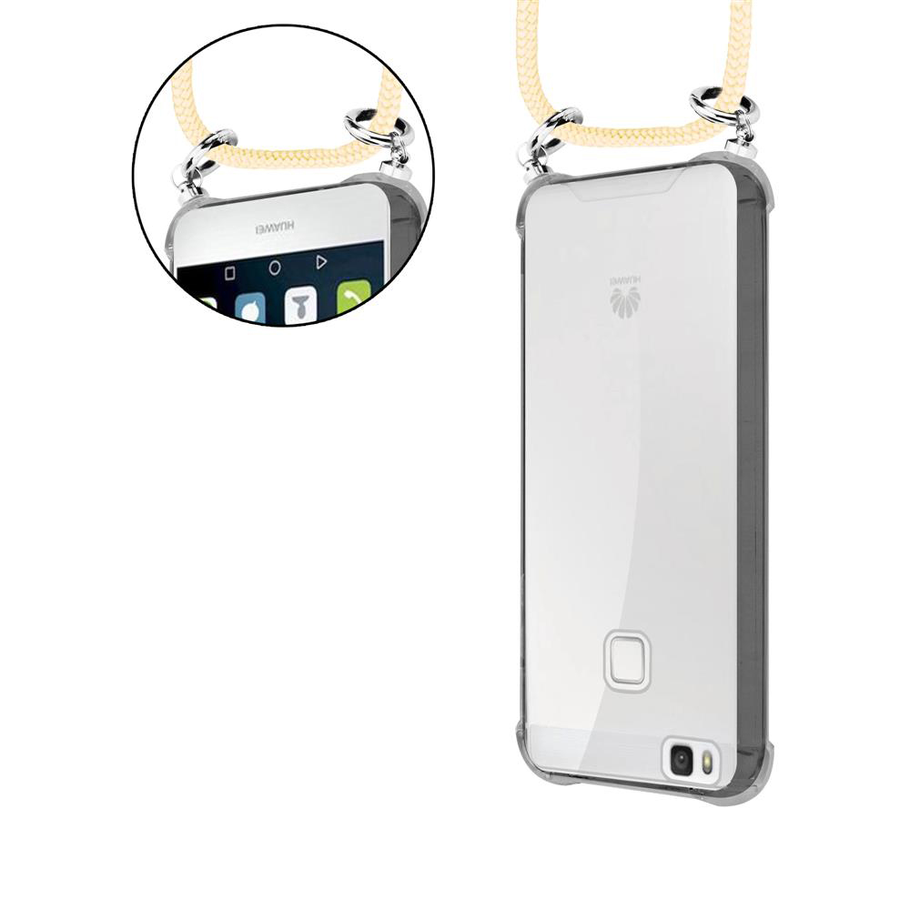 Una cover trasparente per telefono con cinturino giallo e telefono Huawei.