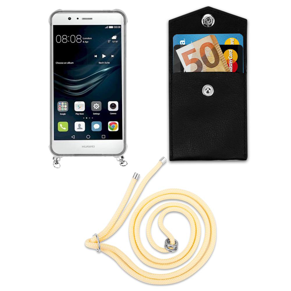 Uno smartphone, un portafoglio nero con soldi e carte, e un cordone giallo.