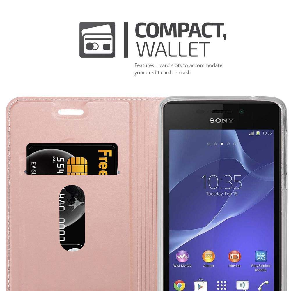Ein rosa Wallet-Etui mit einem Sony-Smartphone, das zwei Kartenfächer zeigt.