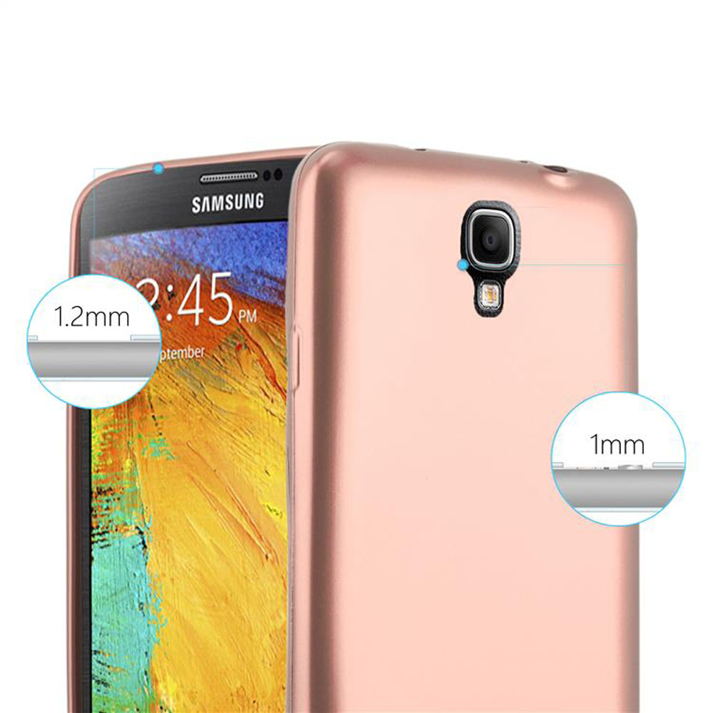 Ein roségoldenes Samsung-Telefon mit einer Hülle, das 1,2 mm und 1 mm misst.