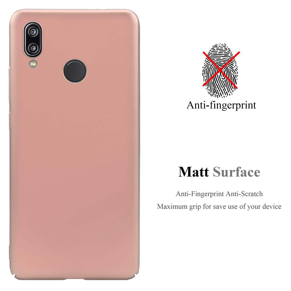 Una cover per telefono oro rosa con fotocamere e testo, finitura opaca.