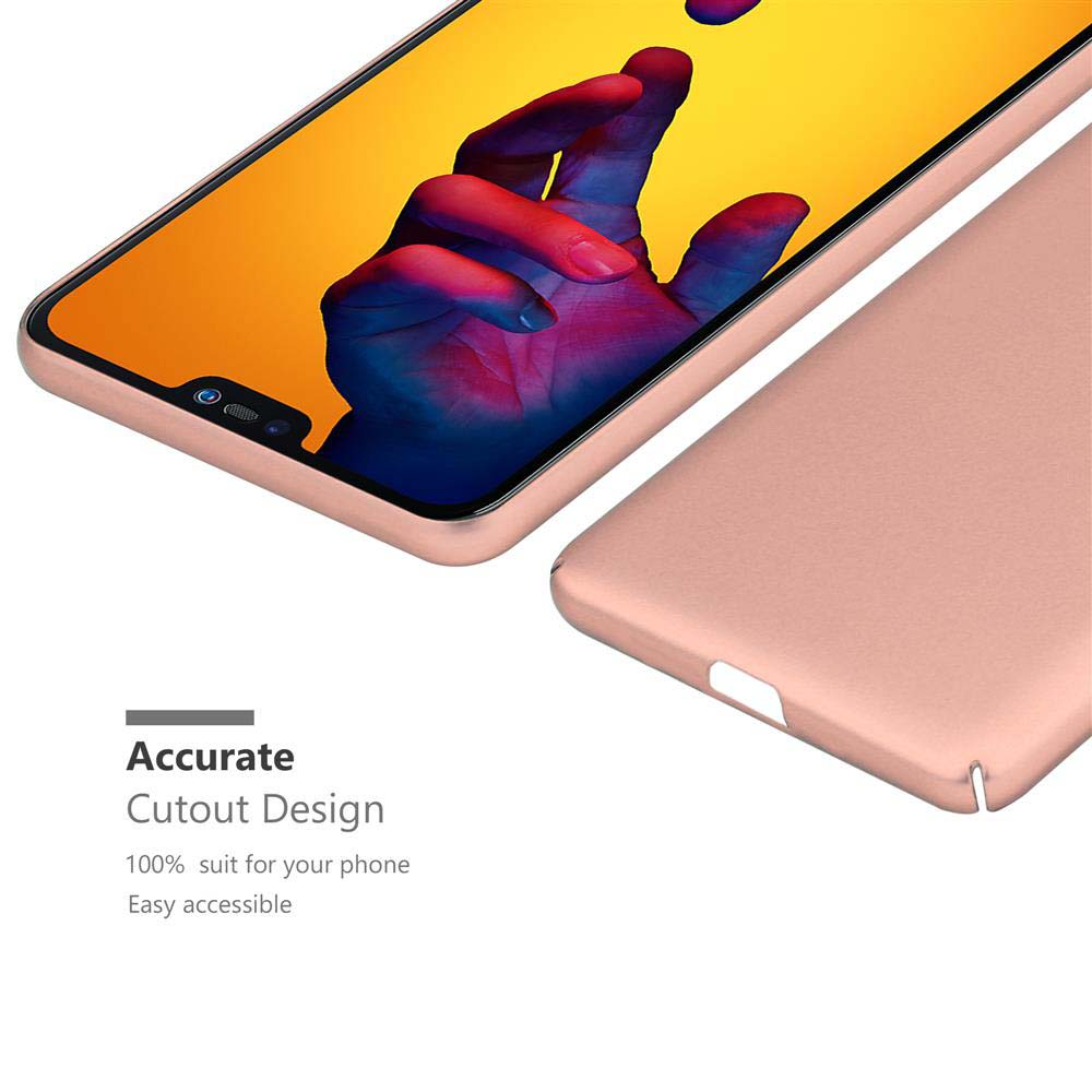 Custodia per telefono oro rosa con telefono che mostra una mano. Design a taglio preciso.