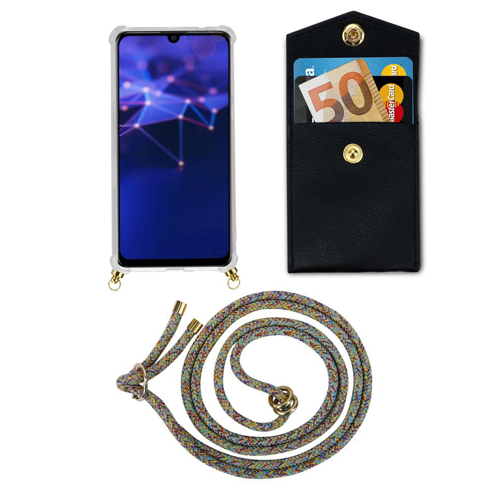 Smartphone con custodia, porta carte nero con soldi e carte, cordino colorato