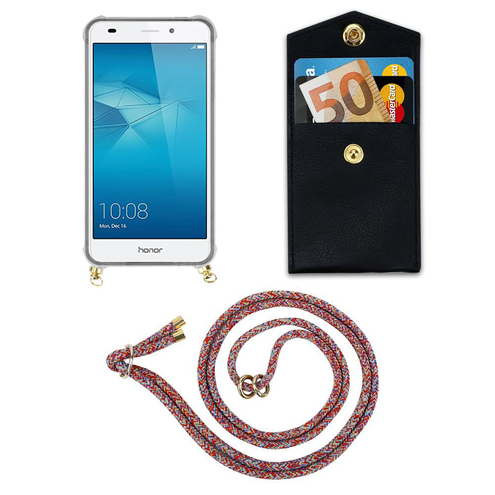 Smartphone mit Hülle, Portemonnaie mit Karten und Geld, und eine bunte Kordel.