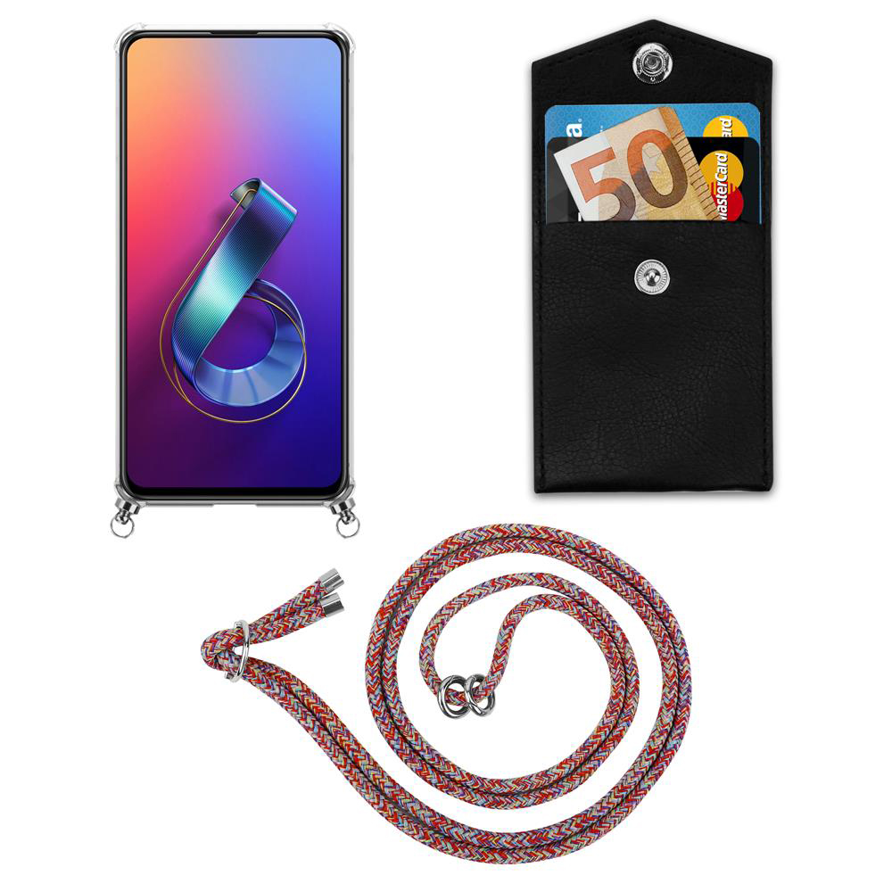 Smartphone, schwarze Tasche mit 50 Euro Schein und Karte, bunte Kordel.