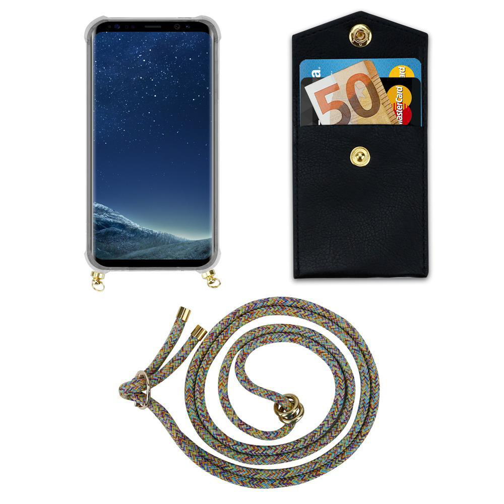Uno smartphone in custodia, un portafoglio con contanti e carte, e un laccetto colorato.