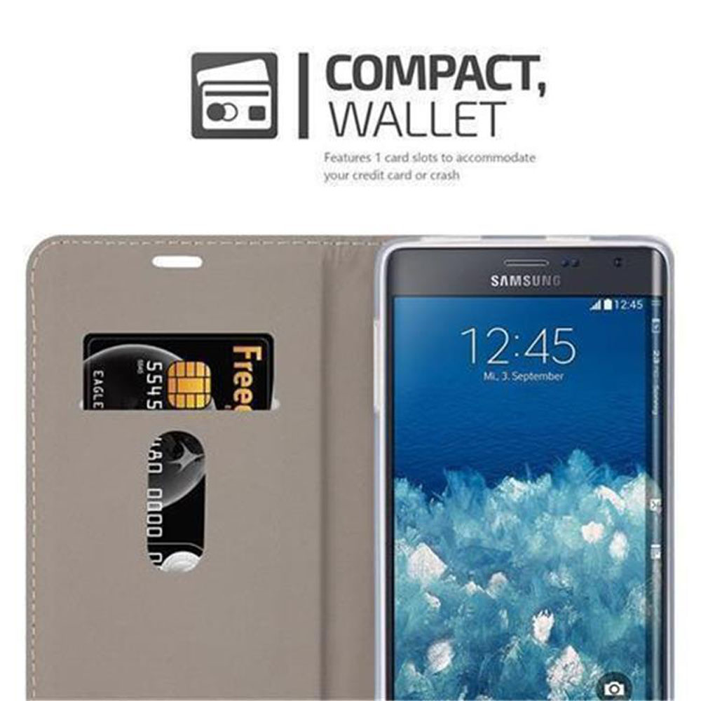 Un telefono Samsung in una custodia a portafoglio beige con carte di credito. Testo 'COMPACT, WALLET'.