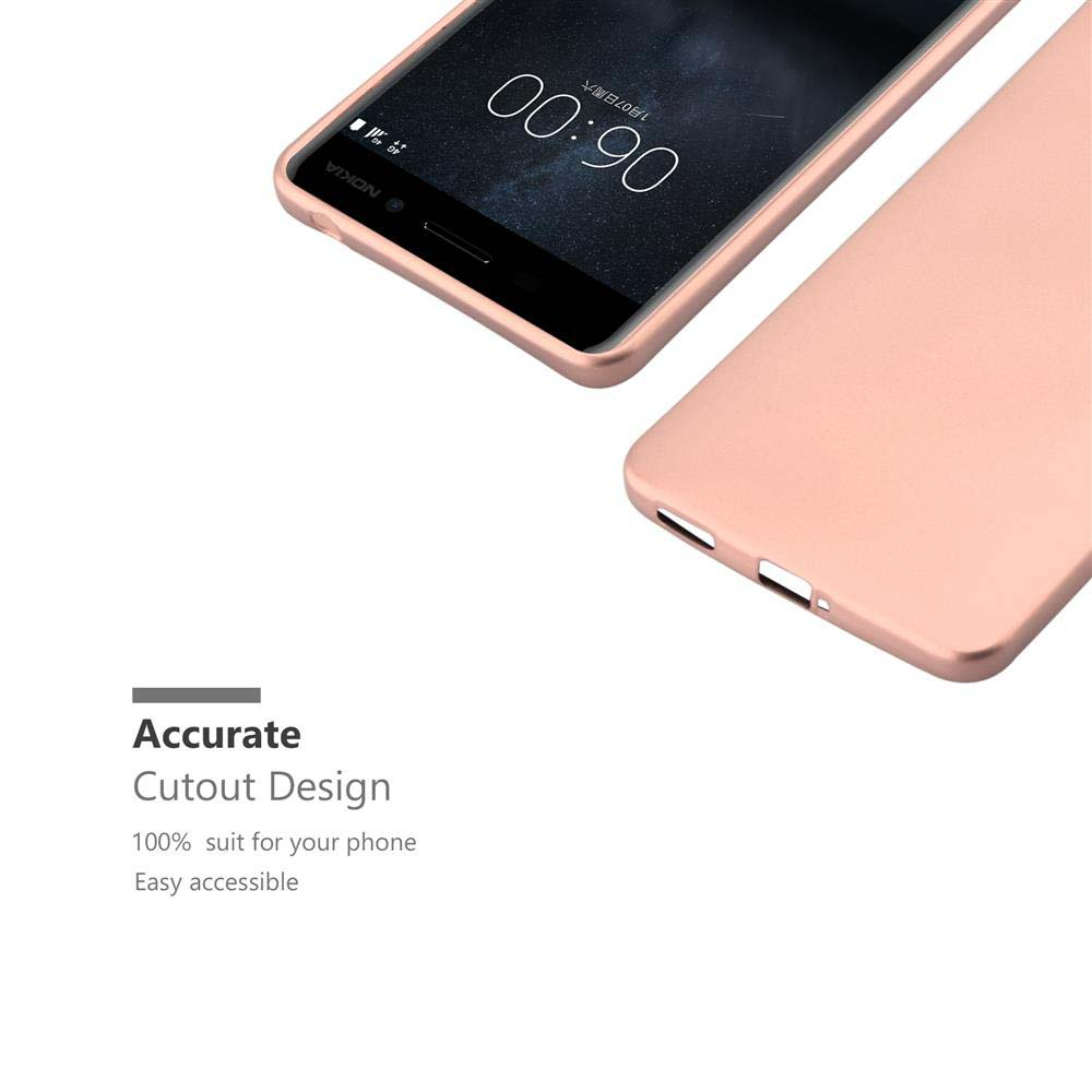 Uno smartphone Nokia color oro rosa con una custodia accanto.
