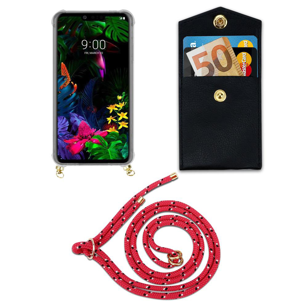 Smartphone mit Blumen-Hintergrund, schwarzes Kartenetui, rotes Seil.