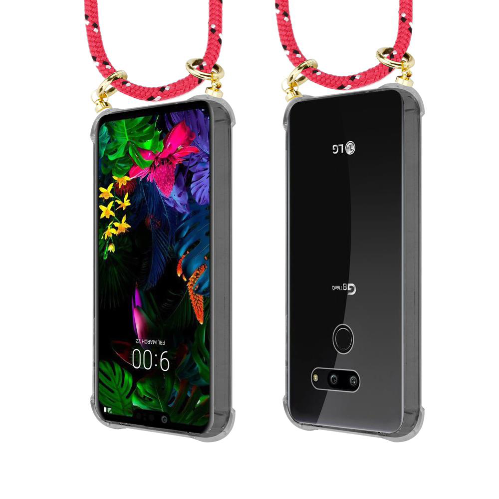 Zwei Smartphones mit roten Lanyards. Eines zeigt bunte Blumen, das andere hat eine schwarze Rückseite.