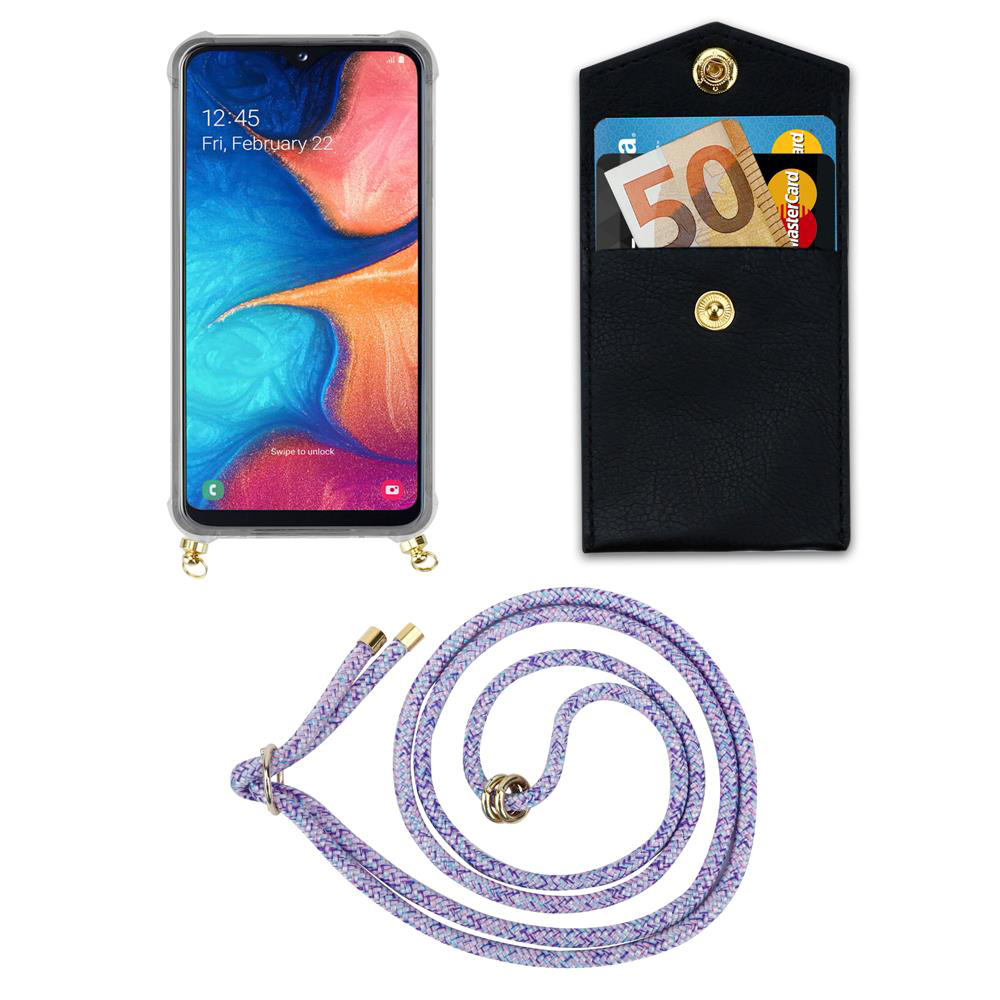 Smartphone in custodia, portafoglio nero con soldi e carte, cordino viola