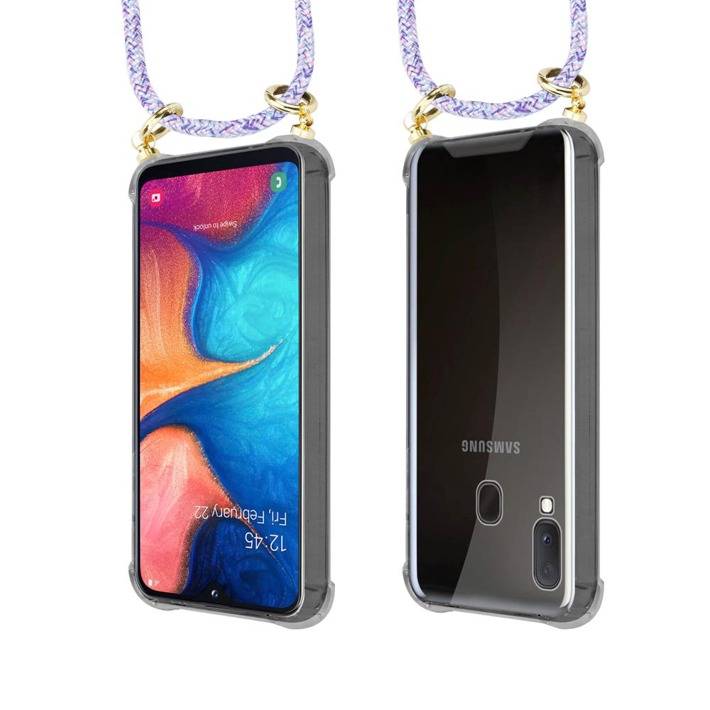 Uno smartphone in custodia trasparente con cordino, viste frontale e posteriore.