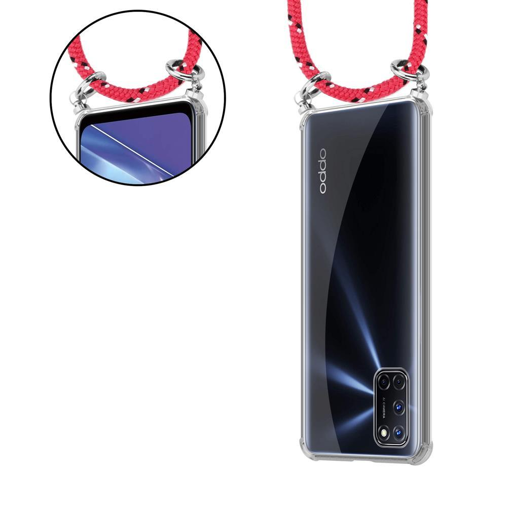 Schwarzes OPPO-Smartphone mit transparentem Gehäuse und rotem Lanyard.