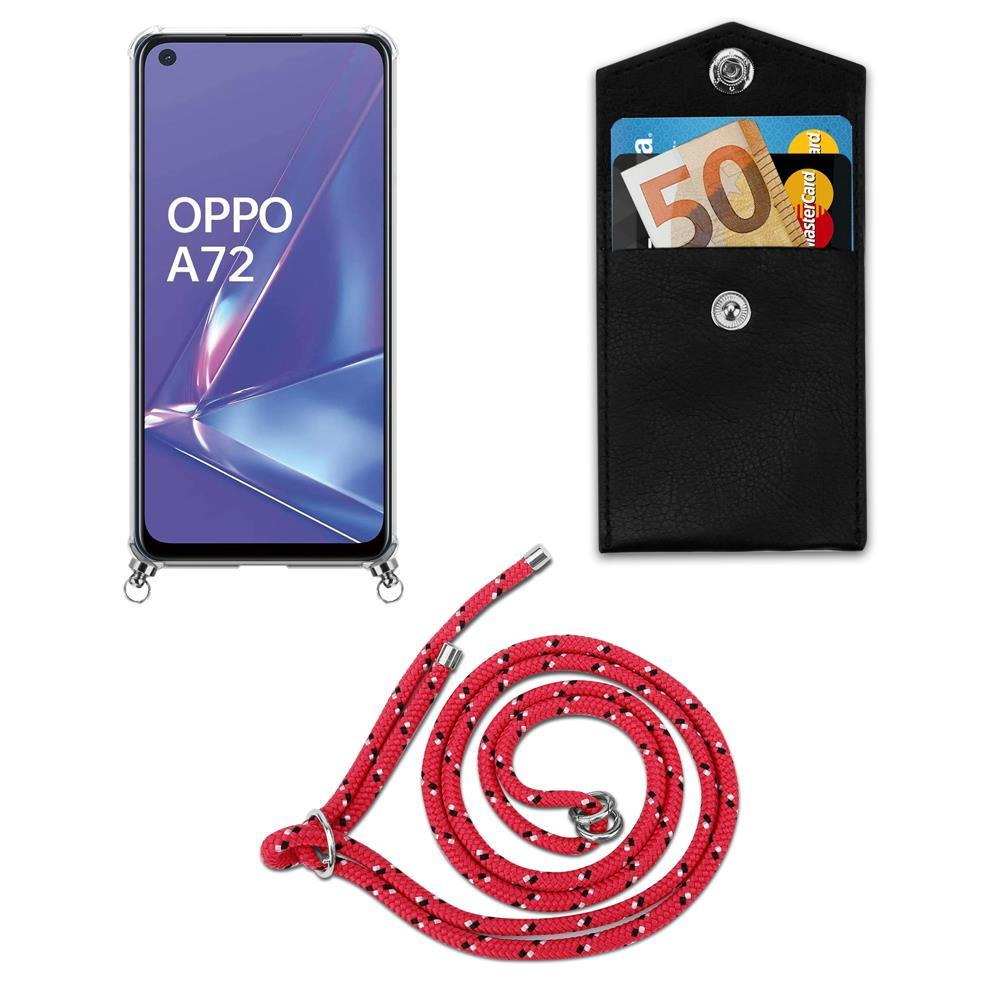OPPO A72 Handy mit schwarzer Tasche und 50€ Schein, rote Kordel.