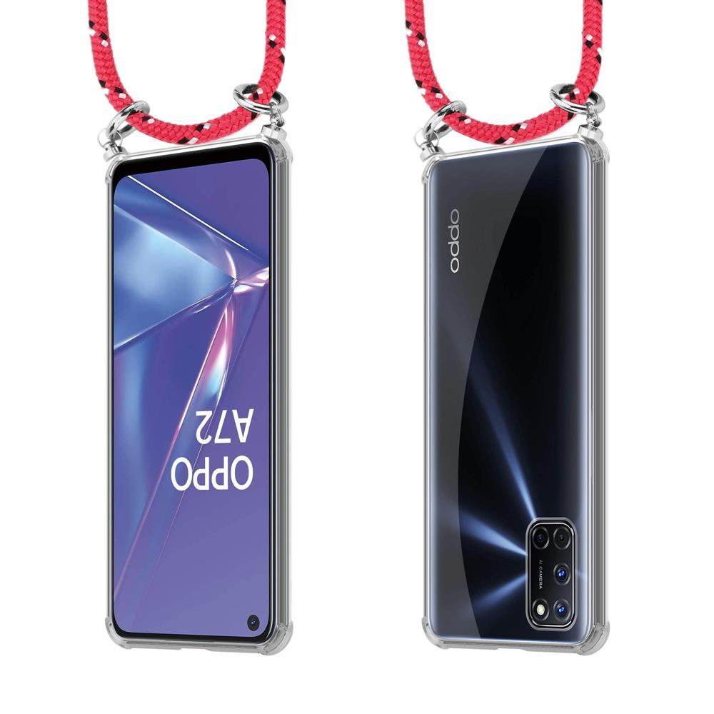 Vorder- und Rückseite eines Oppo A72 Smartphones in einer Hülle mit rotem Lanyard.