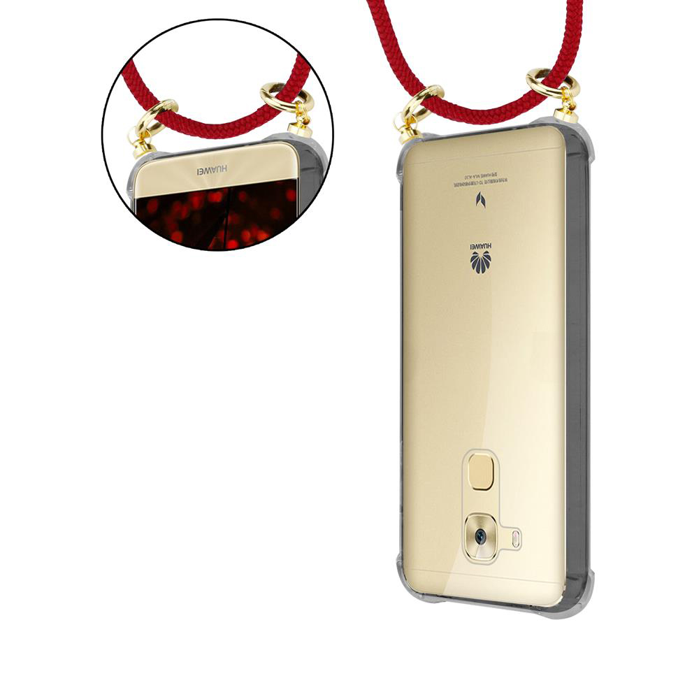 Telefono Huawei dorato in custodia trasparente con cinturino rosso.