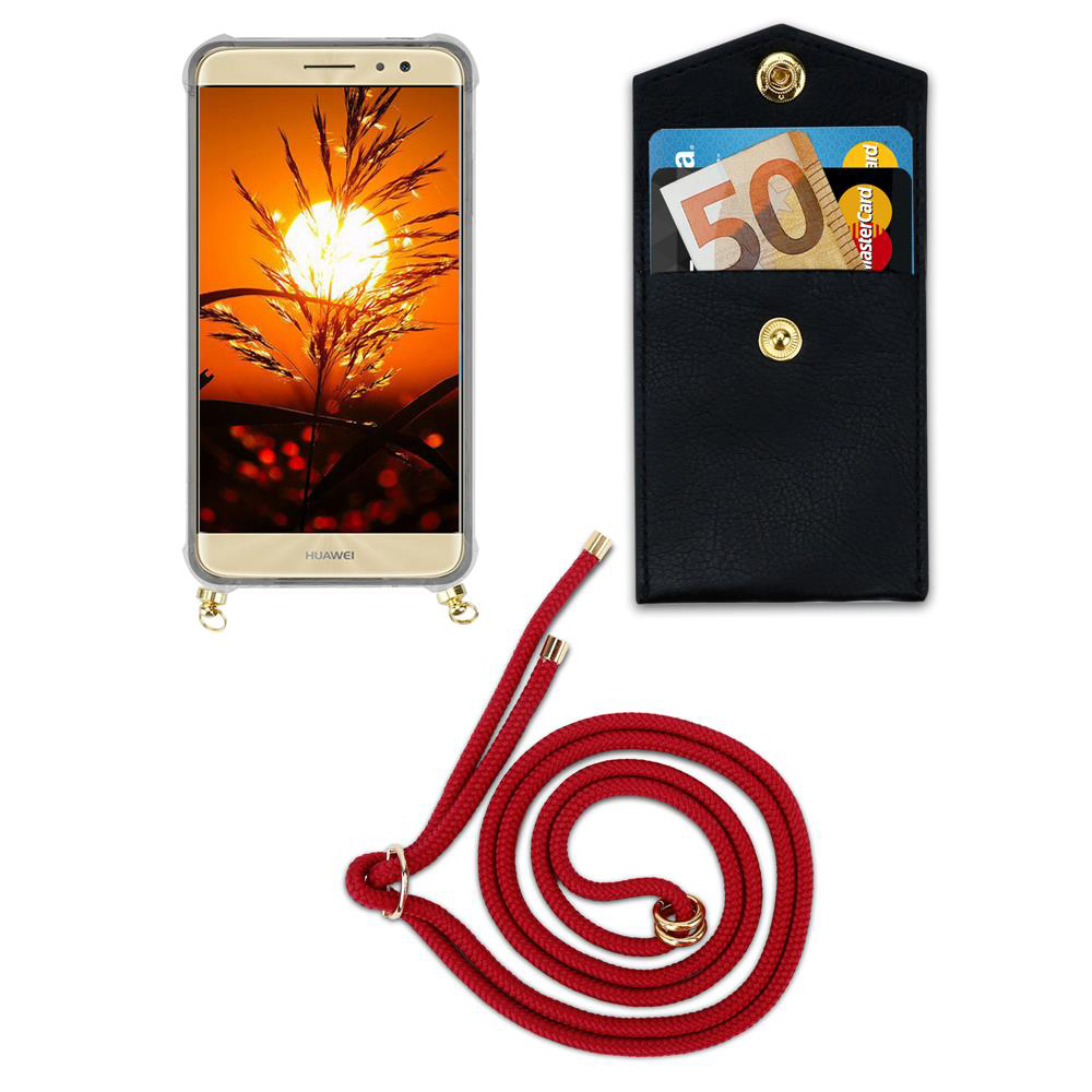 Custodia Huawei dorata con schermo tramonto, portafoglio nero banconota 50€ e carte, cordino rosso.
