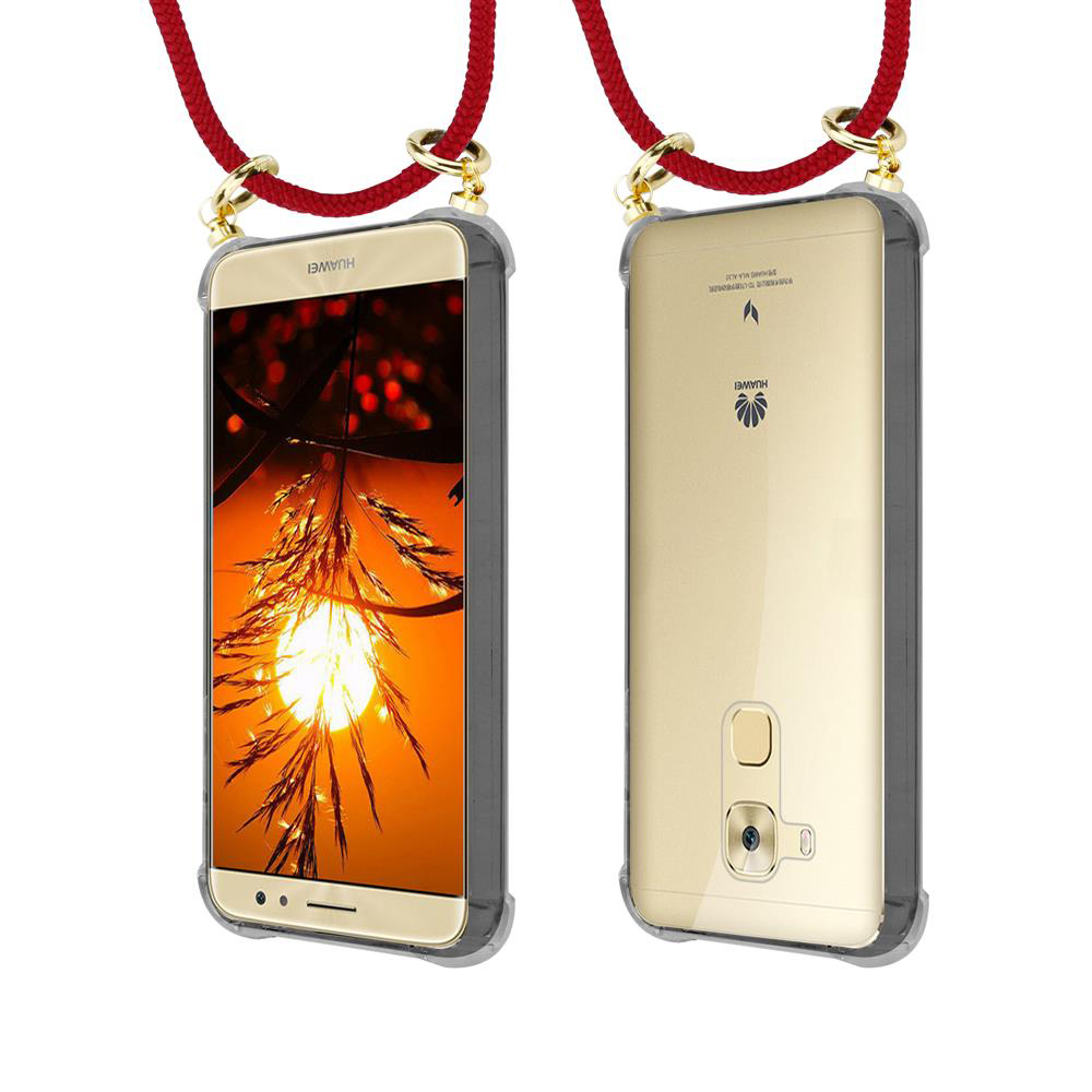Due telefoni Huawei in custodie trasparenti con cordini rossi.