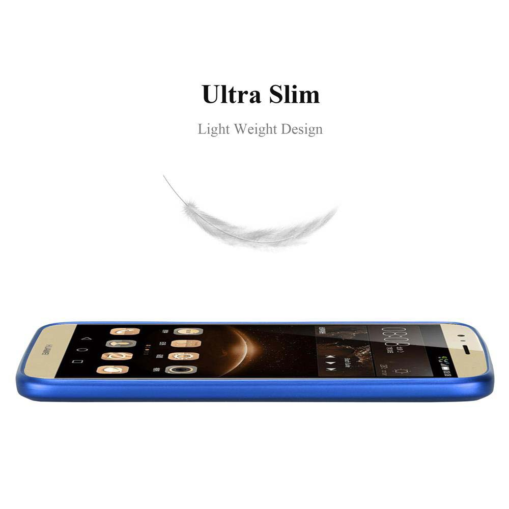Smartphone azul delgado con ilustración de pluma. "Ultra Slim".