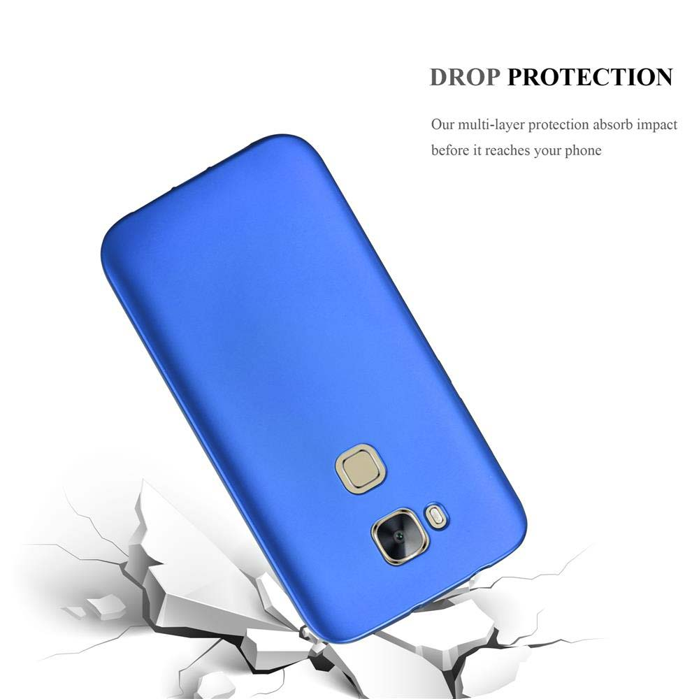 Funda azul rompiendo suelo blanco. Texto: DROP PROTECTION.