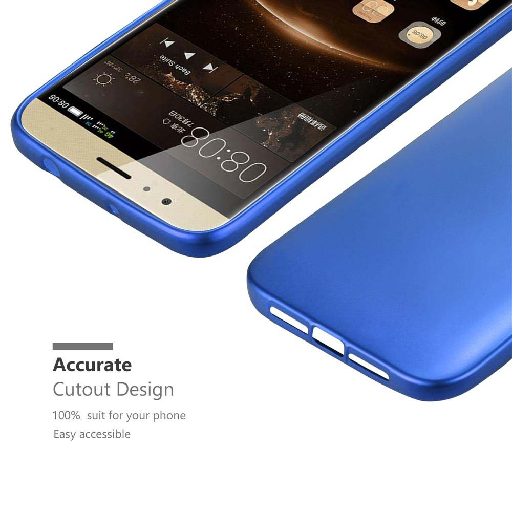 Un smartphone azul con funda, pantalla mostrando hora, fecha y clima.