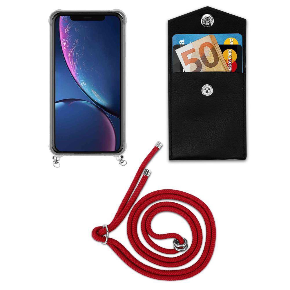 Uno smartphone in custodia, una tasca nera con soldi e carta, e un cordone rosso.