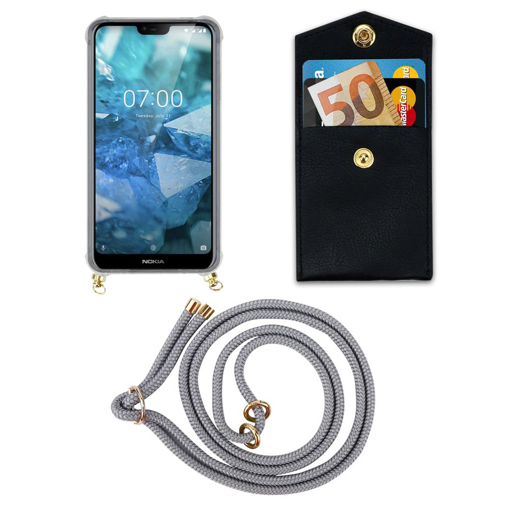 Ein Smartphone mit einer Hülle, eine schwarze Tasche mit Geld und Karten, und eine graue Kordel.
