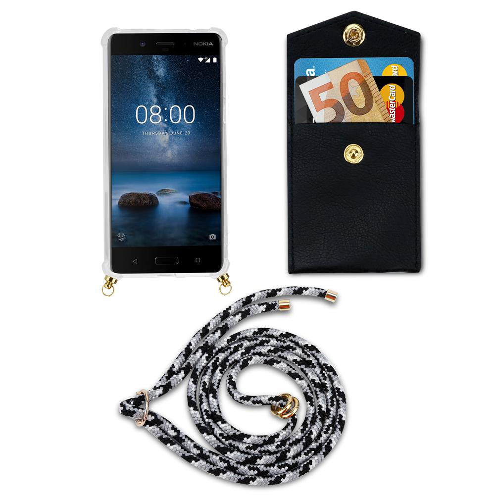 Nokia-Smartphone mit Hülle, Kartenetui und Lanyard auf weißem Hintergrund.