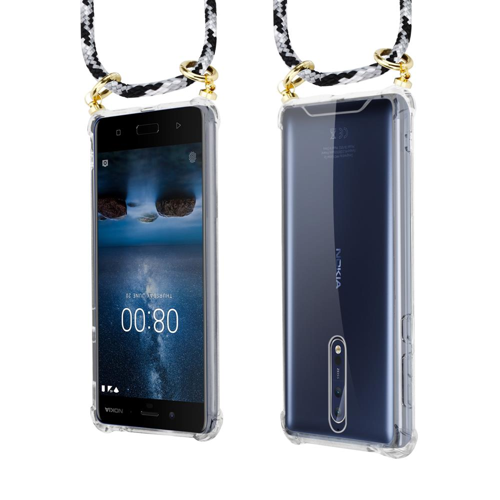 Zwei Ansichten eines Nokia-Smartphones mit transparentem Gehäuse und Band.