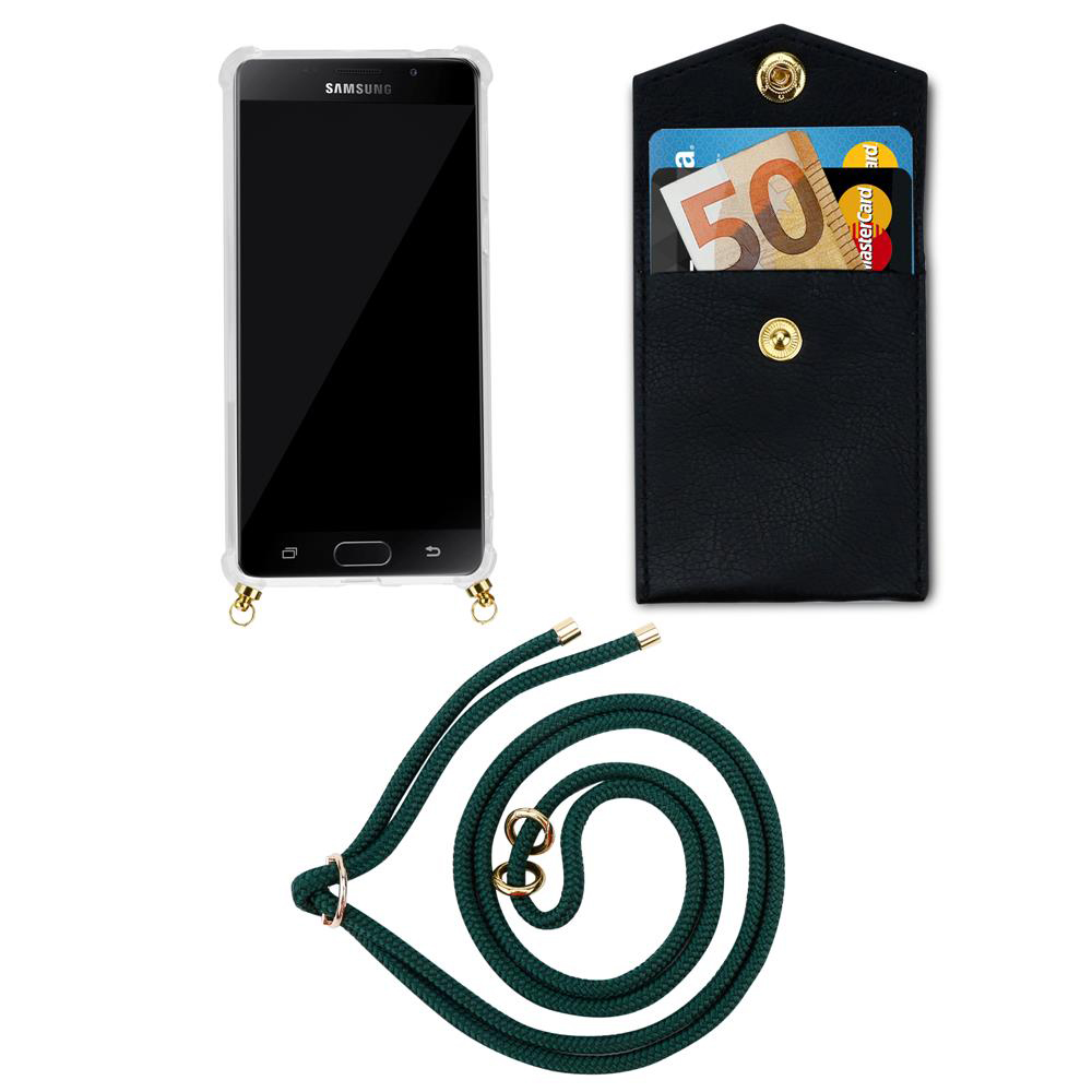 Un Samsung in custodia, un portafoglio nero con carte e soldi, e un laccetto verde.