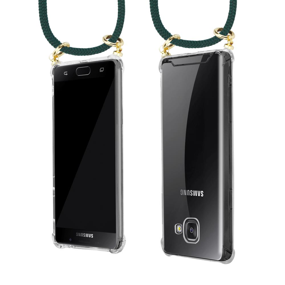 Due smartphone Samsung in custodie trasparenti con laccetti verdi.