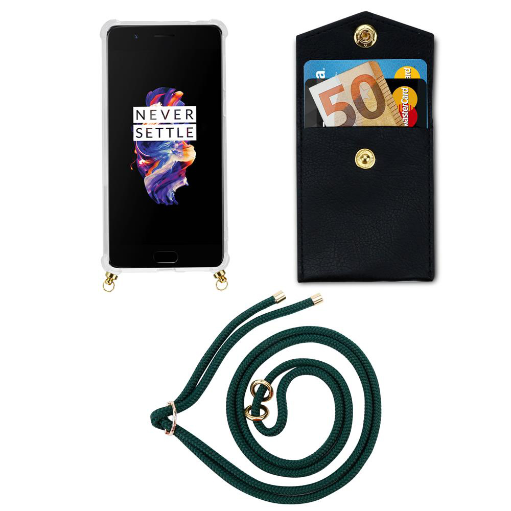 Ein Smartphone mit Hülle, eine schwarze Kartenhalter-Tasche mit Geld und Karten und eine grüne Kordel.
