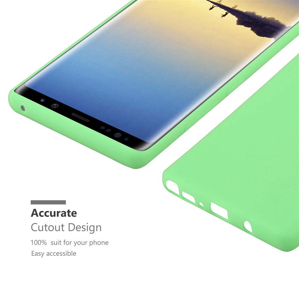 Una custodia verde chiaro accanto a uno smartphone con schermo blu.