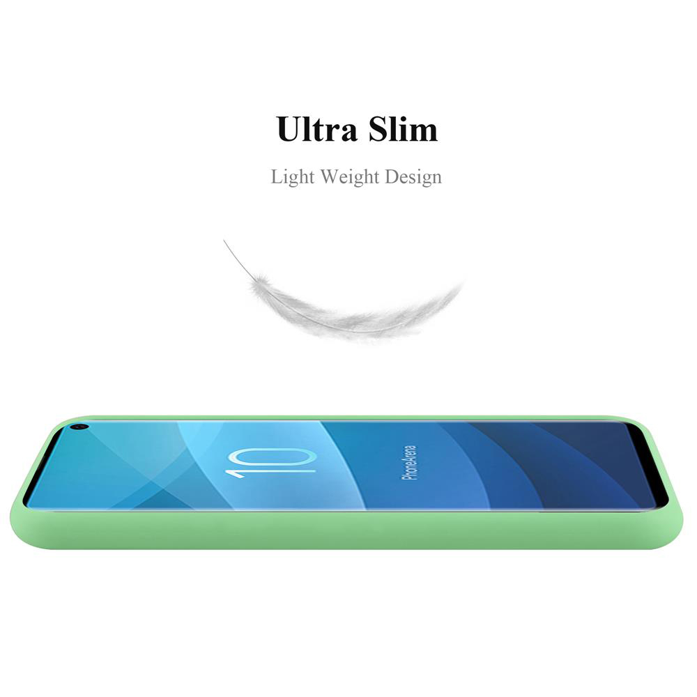 Custodia verde per telefono con testo "Ultra Slim" e una piuma.
